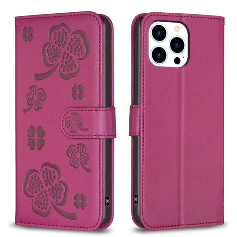 Four-leaf Embossed Leather Phone Case, For iPhone 15 Pro Max, For iPhone 15 Pro, For iPhone 15 Plus, For iPhone 15, For iPhone 14 Plus, For iPhone 14, For iPhone 14 Pro, For iPhone 14 Pro Max