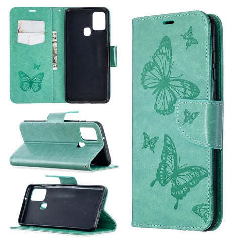 Embossing Two Butterflies Pattern Horizontal Flip PU Leather Case with Holder & Card Slot & Wallet & Lanyard, For Samsung Galaxy A21s