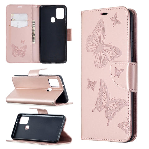 Embossing Two Butterflies Pattern Horizontal Flip PU Leather Case with Holder & Card Slot & Wallet & Lanyard, For Samsung Galaxy A21s