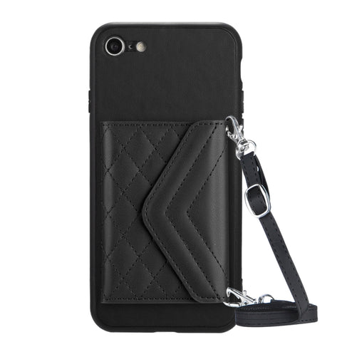 Rhombic Texture Card Bag RFID Phone Case with Long Lanyard, For iPhone SE 2022 / SE 2020, For iPhone 13 Pro Max, For iPhone 13 Pro, For iPhone 13, For iPhone 13 mini, For iPhone 12, For iPhone 12 Pro Max, For iPhone 12 Pro