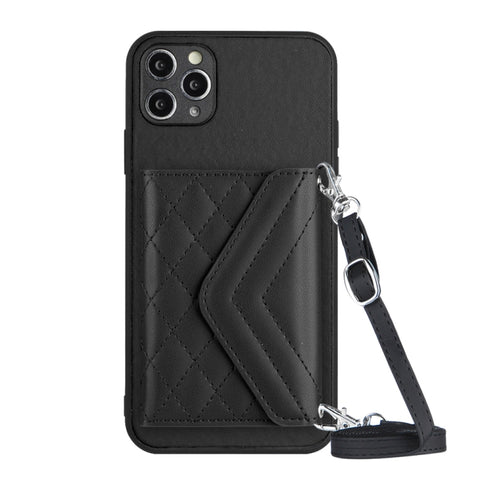 Rhombic Texture Card Bag RFID Phone Case with Long Lanyard, For iPhone 12 mini, For iPhone 11 Pro Max, For iPhone 11, For iPhone 11 Pro, For iPhone XS / X, For iPhone XR, For iPhone XS Max, For iPhone 8 Plus / 7 Plus