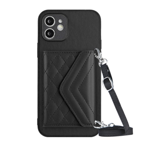 Rhombic Texture Card Bag RFID Phone Case with Long Lanyard, For iPhone 12 mini, For iPhone 11 Pro Max, For iPhone 11, For iPhone 11 Pro, For iPhone XS / X, For iPhone XR, For iPhone XS Max, For iPhone 8 Plus / 7 Plus