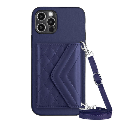 Rhombic Texture Card Bag RFID Phone Case with Long Lanyard, For iPhone SE 2022 / SE 2020, For iPhone 13 Pro Max, For iPhone 13 Pro, For iPhone 13, For iPhone 13 mini, For iPhone 12, For iPhone 12 Pro Max, For iPhone 12 Pro