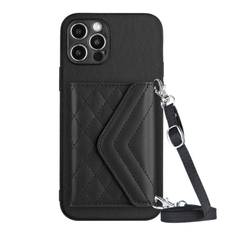 Rhombic Texture Card Bag RFID Phone Case with Long Lanyard, For iPhone SE 2022 / SE 2020, For iPhone 13 Pro Max, For iPhone 13 Pro, For iPhone 13, For iPhone 13 mini, For iPhone 12, For iPhone 12 Pro Max, For iPhone 12 Pro