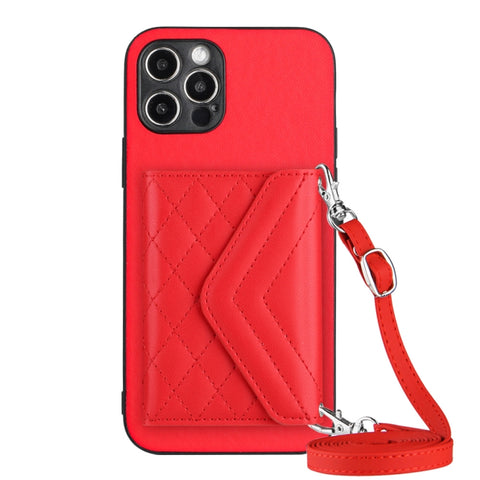 Rhombic Texture Card Bag RFID Phone Case with Long Lanyard, For iPhone SE 2022 / SE 2020, For iPhone 13 Pro Max, For iPhone 13 Pro, For iPhone 13, For iPhone 13 mini, For iPhone 12, For iPhone 12 Pro Max, For iPhone 12 Pro