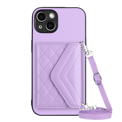 Rhombic Texture Card Bag RFID Phone Case with Long Lanyard, For iPhone 15 Pro Max, For iPhone 15 Pro, For iPhone 15 Plus, For iPhone 15, For iPhone 14 Plus, For iPhone 14, For iPhone 14 Pro, For iPhone 14 Pro Max
