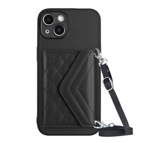 Rhombic Texture Card Bag RFID Phone Case with Long Lanyard, For iPhone 15 Pro Max, For iPhone 15 Pro, For iPhone 15 Plus, For iPhone 15, For iPhone 14 Plus, For iPhone 14, For iPhone 14 Pro, For iPhone 14 Pro Max
