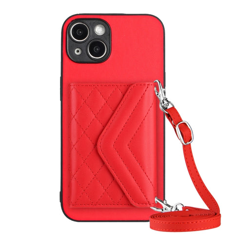 Rhombic Texture Card Bag RFID Phone Case with Long Lanyard, For iPhone 15 Pro Max, For iPhone 15 Pro, For iPhone 15 Plus, For iPhone 15, For iPhone 14 Plus, For iPhone 14, For iPhone 14 Pro, For iPhone 14 Pro Max
