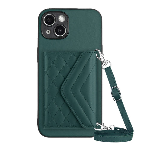 Rhombic Texture Card Bag RFID Phone Case with Long Lanyard, For iPhone 15 Pro Max, For iPhone 15 Pro, For iPhone 15 Plus, For iPhone 15, For iPhone 14 Plus, For iPhone 14, For iPhone 14 Pro, For iPhone 14 Pro Max