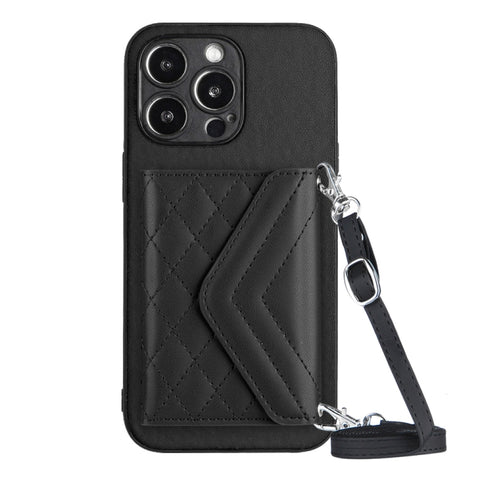 Rhombic Texture Card Bag RFID Phone Case with Long Lanyard, For iPhone 15 Pro Max, For iPhone 15 Pro, For iPhone 15 Plus, For iPhone 15, For iPhone 14 Plus, For iPhone 14, For iPhone 14 Pro, For iPhone 14 Pro Max