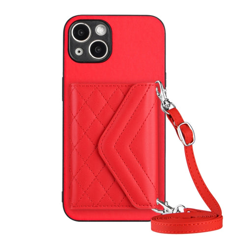 Rhombic Texture Card Bag RFID Phone Case with Long Lanyard, For iPhone 15 Pro Max, For iPhone 15 Pro, For iPhone 15 Plus, For iPhone 15, For iPhone 14 Plus, For iPhone 14, For iPhone 14 Pro, For iPhone 14 Pro Max