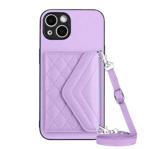 Rhombic Texture Card Bag RFID Phone Case with Long Lanyard, For iPhone 15 Pro Max, For iPhone 15 Pro, For iPhone 15 Plus, For iPhone 15, For iPhone 14 Plus, For iPhone 14, For iPhone 14 Pro, For iPhone 14 Pro Max