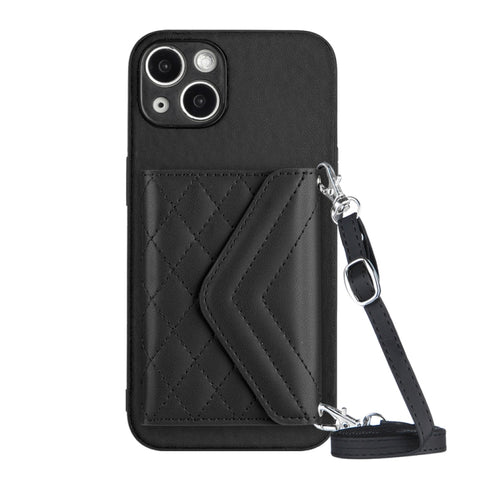 Rhombic Texture Card Bag RFID Phone Case with Long Lanyard, For iPhone 15 Pro Max, For iPhone 15 Pro, For iPhone 15 Plus, For iPhone 15, For iPhone 14 Plus, For iPhone 14, For iPhone 14 Pro, For iPhone 14 Pro Max