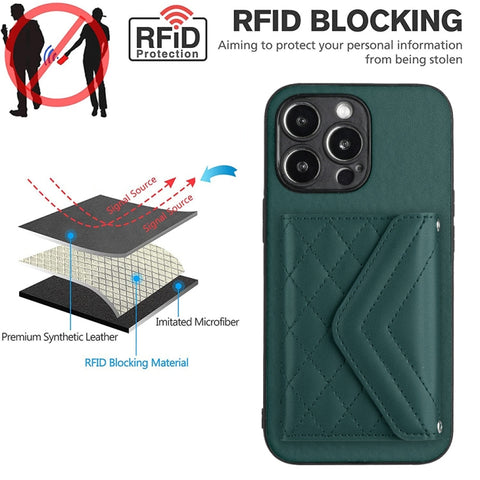 Rhombic Texture Card Bag RFID Phone Case with Long Lanyard, For iPhone 15 Pro Max, For iPhone 15 Pro, For iPhone 15 Plus, For iPhone 15, For iPhone 14 Plus, For iPhone 14, For iPhone 14 Pro, For iPhone 14 Pro Max