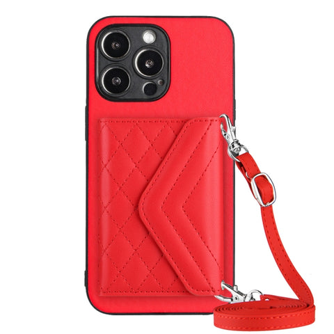 Rhombic Texture Card Bag RFID Phone Case with Long Lanyard, For iPhone 15 Pro Max, For iPhone 15 Pro, For iPhone 15 Plus, For iPhone 15, For iPhone 14 Plus, For iPhone 14, For iPhone 14 Pro, For iPhone 14 Pro Max