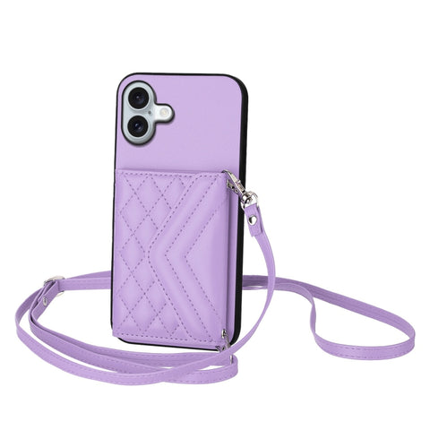 Rhombic Texture Card Bag RFID Phone Case with Long Lanyard, For iPhone 18 Pro / 17 Pro, For iPhone 18 Pro Max / 17 Pro Max, For iPhone 17, For iPhone Air, For iPhone 16 Pro Max, For iPhone 16 Pro, For iPhone 16 Plus, For iPhone 16