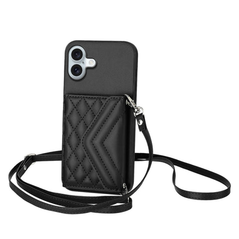Rhombic Texture Card Bag RFID Phone Case with Long Lanyard, For iPhone 18 Pro / 17 Pro, For iPhone 18 Pro Max / 17 Pro Max, For iPhone 17, For iPhone Air, For iPhone 16 Pro Max, For iPhone 16 Pro, For iPhone 16 Plus, For iPhone 16
