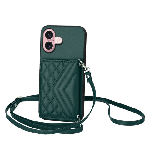 Rhombic Texture Card Bag RFID Phone Case with Long Lanyard, For iPhone 18 Pro / 17 Pro, For iPhone 18 Pro Max / 17 Pro Max, For iPhone 17, For iPhone Air, For iPhone 16 Pro Max, For iPhone 16 Pro, For iPhone 16 Plus, For iPhone 16
