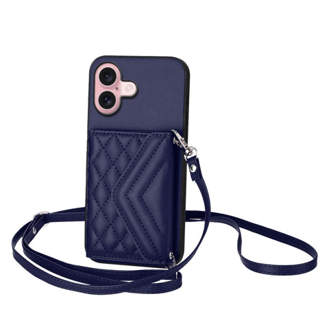 Rhombic Texture Card Bag RFID Phone Case with Long Lanyard, For iPhone 18 Pro / 17 Pro, For iPhone 18 Pro Max / 17 Pro Max, For iPhone 17, For iPhone Air, For iPhone 16 Pro Max, For iPhone 16 Pro, For iPhone 16 Plus, For iPhone 16