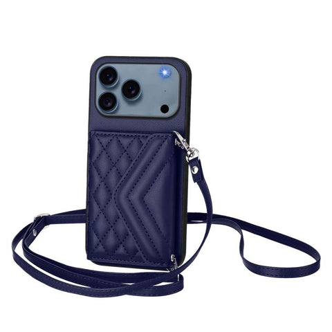 Rhombic Texture Card Bag RFID Phone Case with Long Lanyard, For iPhone 18 Pro / 17 Pro, For iPhone 18 Pro Max / 17 Pro Max, For iPhone 17, For iPhone Air, For iPhone 16 Pro Max, For iPhone 16 Pro, For iPhone 16 Plus, For iPhone 16