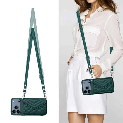 Rhombic Texture Card Bag RFID Phone Case with Long Lanyard, For iPhone 18 Pro / 17 Pro, For iPhone 18 Pro Max / 17 Pro Max, For iPhone 17, For iPhone Air, For iPhone 16 Pro Max, For iPhone 16 Pro, For iPhone 16 Plus, For iPhone 16