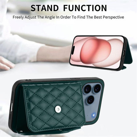 Rhombic Texture Card Bag RFID Phone Case with Long Lanyard, For iPhone 18 Pro / 17 Pro, For iPhone 18 Pro Max / 17 Pro Max, For iPhone 17, For iPhone Air, For iPhone 16 Pro Max, For iPhone 16 Pro, For iPhone 16 Plus, For iPhone 16