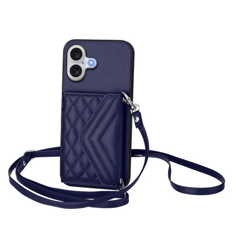 Rhombic Texture Card Bag RFID Phone Case with Long Lanyard, For iPhone 18 Pro / 17 Pro, For iPhone 18 Pro Max / 17 Pro Max, For iPhone 17, For iPhone Air, For iPhone 16 Pro Max, For iPhone 16 Pro, For iPhone 16 Plus, For iPhone 16