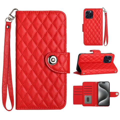 Rhombic Texture Flip Leather Phone Case with Lanyard, For iPhone 16, For iPhone 15 Pro Max, For iPhone 15 Pro, For iPhone 15 Plus, For iPhone 15, For iPhone 14 Plus, For iPhone 14, For iPhone 14 Pro