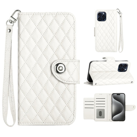 Rhombic Texture Flip Leather Phone Case with Lanyard, For iPhone 16, For iPhone 15 Pro Max, For iPhone 15 Pro, For iPhone 15 Plus, For iPhone 15, For iPhone 14 Plus, For iPhone 14, For iPhone 14 Pro