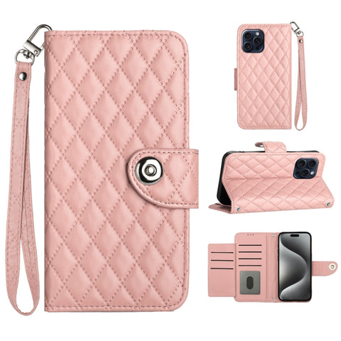 Rhombic Texture Flip Leather Phone Case with Lanyard, For iPhone 16, For iPhone 15 Pro Max, For iPhone 15 Pro, For iPhone 15 Plus, For iPhone 15, For iPhone 14 Plus, For iPhone 14, For iPhone 14 Pro