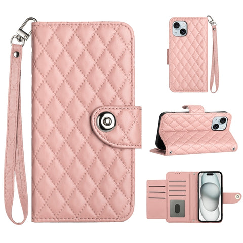 Rhombic Texture Flip Leather Phone Case with Lanyard, For iPhone 16, For iPhone 15 Pro Max, For iPhone 15 Pro, For iPhone 15 Plus, For iPhone 15, For iPhone 14 Plus, For iPhone 14, For iPhone 14 Pro