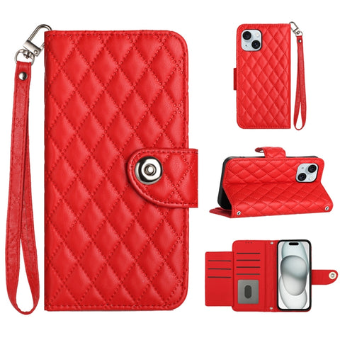 Rhombic Texture Flip Leather Phone Case with Lanyard, For iPhone 16, For iPhone 15 Pro Max, For iPhone 15 Pro, For iPhone 15 Plus, For iPhone 15, For iPhone 14 Plus, For iPhone 14, For iPhone 14 Pro