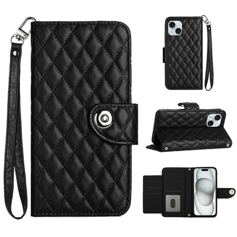 Rhombic Texture Flip Leather Phone Case with Lanyard, For iPhone 16, For iPhone 15 Pro Max, For iPhone 15 Pro, For iPhone 15 Plus, For iPhone 15, For iPhone 14 Plus, For iPhone 14, For iPhone 14 Pro
