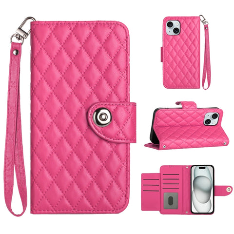 Rhombic Texture Flip Leather Phone Case with Lanyard, For iPhone 16, For iPhone 15 Pro Max, For iPhone 15 Pro, For iPhone 15 Plus, For iPhone 15, For iPhone 14 Plus, For iPhone 14, For iPhone 14 Pro