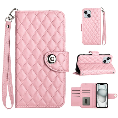 Rhombic Texture Flip Leather Phone Case with Lanyard, For iPhone 16, For iPhone 15 Pro Max, For iPhone 15 Pro, For iPhone 15 Plus, For iPhone 15, For iPhone 14 Plus, For iPhone 14, For iPhone 14 Pro