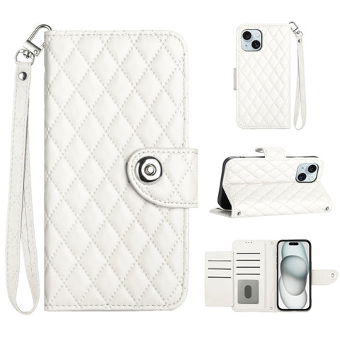 Rhombic Texture Flip Leather Phone Case with Lanyard, For iPhone 16, For iPhone 15 Pro Max, For iPhone 15 Pro, For iPhone 15 Plus, For iPhone 15, For iPhone 14 Plus, For iPhone 14, For iPhone 14 Pro