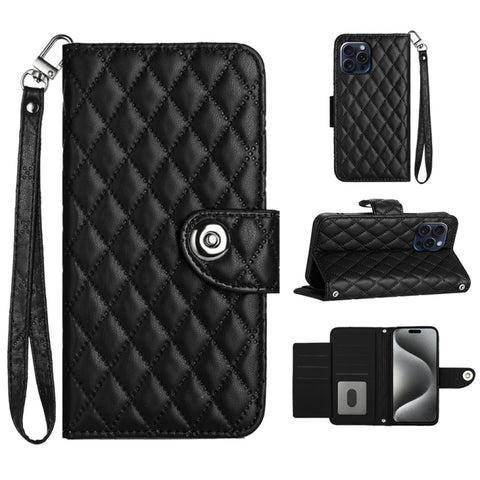 Rhombic Texture Flip Leather Phone Case with Lanyard, For iPhone 16, For iPhone 15 Pro Max, For iPhone 15 Pro, For iPhone 15 Plus, For iPhone 15, For iPhone 14 Plus, For iPhone 14, For iPhone 14 Pro