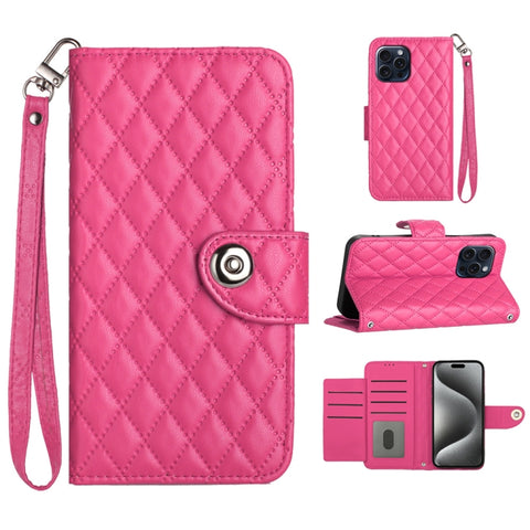 Rhombic Texture Flip Leather Phone Case with Lanyard, For iPhone 16, For iPhone 15 Pro Max, For iPhone 15 Pro, For iPhone 15 Plus, For iPhone 15, For iPhone 14 Plus, For iPhone 14, For iPhone 14 Pro
