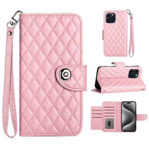 Rhombic Texture Flip Leather Phone Case with Lanyard, For iPhone 16, For iPhone 15 Pro Max, For iPhone 15 Pro, For iPhone 15 Plus, For iPhone 15, For iPhone 14 Plus, For iPhone 14, For iPhone 14 Pro