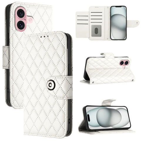 Rhombic Texture Flip Leather Phone Case with Lanyard, For iPhone 16, For iPhone 15 Pro Max, For iPhone 15 Pro, For iPhone 15 Plus, For iPhone 15, For iPhone 14 Plus, For iPhone 14, For iPhone 14 Pro