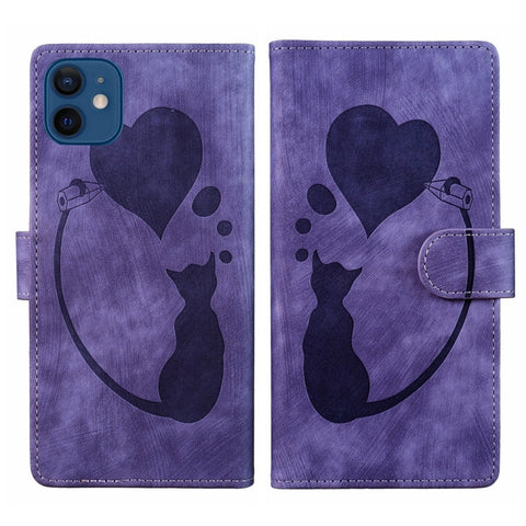 Pen Heart Cat Embossed Leather Phone Case, For iPhone 13 mini, For iPhone 12, For iPhone 12 Pro Max, For iPhone 12 Pro, For iPhone 12 mini, For iPhone 11 Pro Max, For iPhone 11, For iPhone 11 Pro