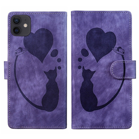 Pen Heart Cat Embossed Leather Phone Case, For iPhone 13 mini, For iPhone 12, For iPhone 12 Pro Max, For iPhone 12 Pro, For iPhone 12 mini, For iPhone 11 Pro Max, For iPhone 11, For iPhone 11 Pro