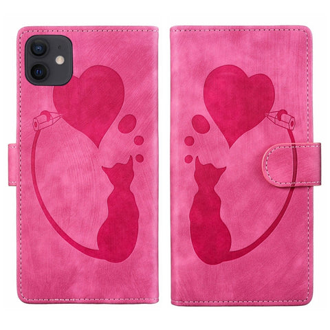 Pen Heart Cat Embossed Leather Phone Case, For iPhone 13 mini, For iPhone 12, For iPhone 12 Pro Max, For iPhone 12 Pro, For iPhone 12 mini, For iPhone 11 Pro Max, For iPhone 11, For iPhone 11 Pro