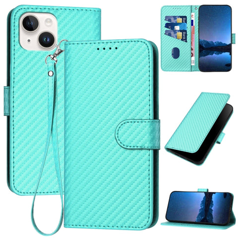 YX0070 Carbon Fiber Buckle Leather Phone Case with Lanyard, For iPhone 15, For iPhone 14 Plus, For iPhone 14, For iPhone 14 Pro, For iPhone 14 Pro Max, For iPhone SE 2022 / SE 2020 / 8 / 7