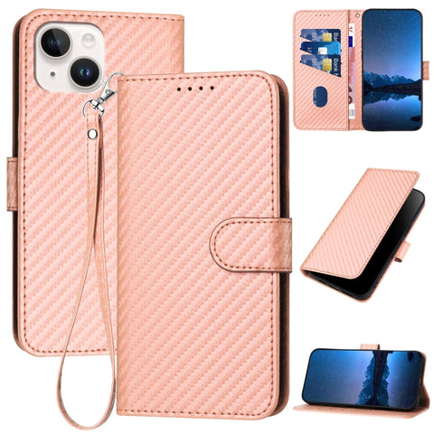 YX0070 Carbon Fiber Buckle Leather Phone Case with Lanyard, For iPhone 15, For iPhone 14 Plus, For iPhone 14, For iPhone 14 Pro, For iPhone 14 Pro Max, For iPhone SE 2022 / SE 2020 / 8 / 7