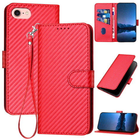 YX0070 Carbon Fiber Buckle Leather Phone Case with Lanyard, For iPhone 15, For iPhone 14 Plus, For iPhone 14, For iPhone 14 Pro, For iPhone 14 Pro Max, For iPhone SE 2022 / SE 2020 / 8 / 7