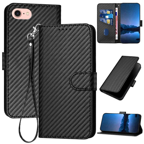 YX0070 Carbon Fiber Buckle Leather Phone Case with Lanyard, For iPhone 15, For iPhone 14 Plus, For iPhone 14, For iPhone 14 Pro, For iPhone 14 Pro Max, For iPhone SE 2022 / SE 2020 / 8 / 7