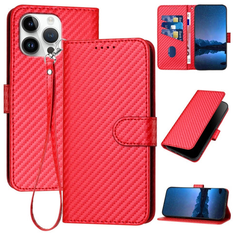 YX0070 Carbon Fiber Buckle Leather Phone Case with Lanyard, For iPhone 18 Pro / 17 Pro, For iPhone 18 Pro Max / 17 Pro Max, For iPhone 17e / 16e, For iPhone 17, For iPhone Air, For iPhone 16 Pro Max