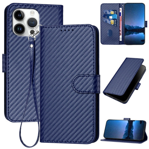 YX0070 Carbon Fiber Buckle Leather Phone Case with Lanyard, For iPhone 18 Pro / 17 Pro, For iPhone 18 Pro Max / 17 Pro Max, For iPhone 17e / 16e, For iPhone 17, For iPhone Air, For iPhone 16 Pro Max