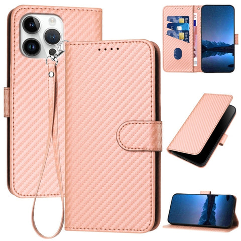 YX0070 Carbon Fiber Buckle Leather Phone Case with Lanyard, For iPhone 18 Pro / 17 Pro, For iPhone 18 Pro Max / 17 Pro Max, For iPhone 17e / 16e, For iPhone 17, For iPhone Air, For iPhone 16 Pro Max